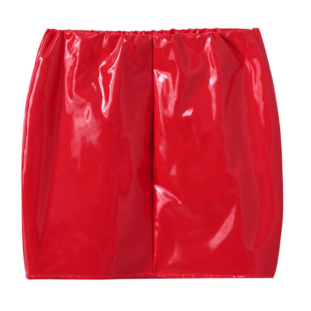 Women Sexy Skirts Glossy Patent Leather Miniskirt Solid Color Elastic Waistband Pencil Skirt Shiny Wet Look Latex Skirt Clubwear