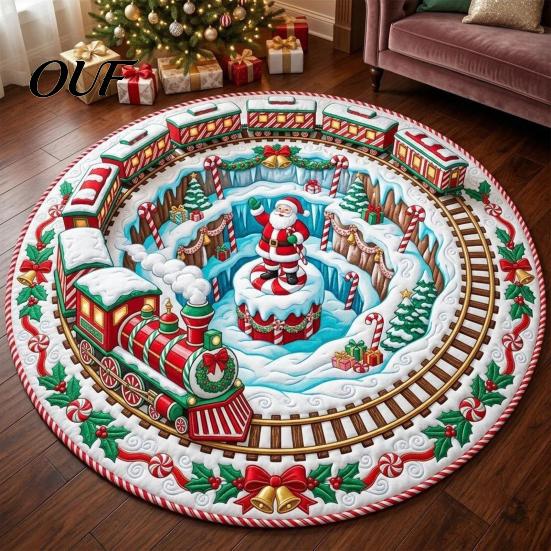 Washable Christmas Decoration Rug Round 3D Rug, Vortex Optical Illusion Area Santa Snowman Staircase Low Profile Fireplace Mat Depth Pattern, Non-slip