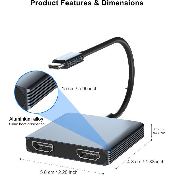 USB C to Dual HDMI Adapter 4K,Docking Station Dual Monitor, Type C to HDMI Splitter Extended Display, Laptop Docking Stations Connect Two Monitor,