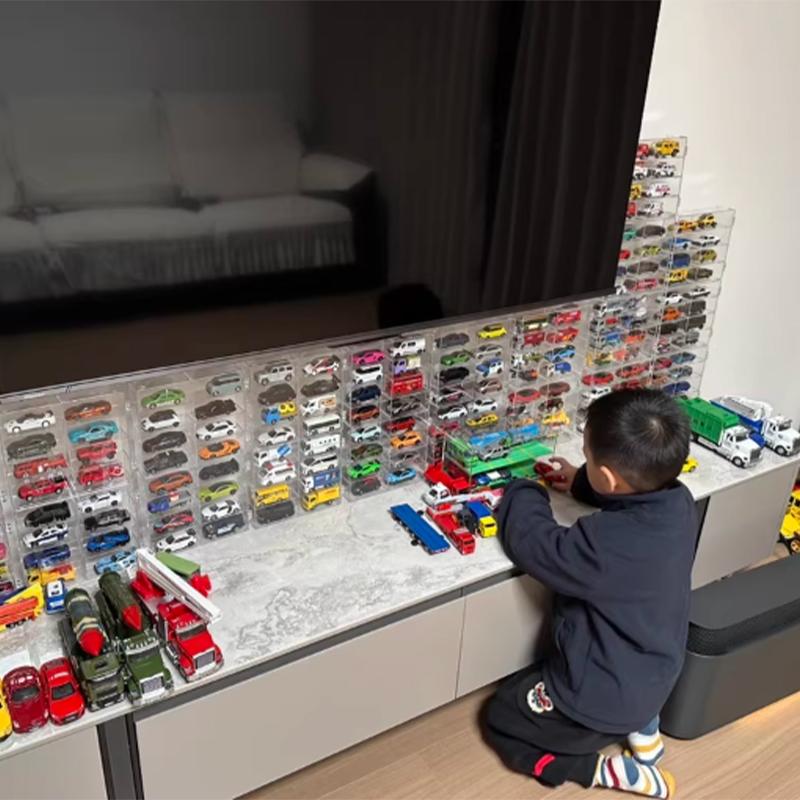 Акриловый прозрачный стеллаж-витрина для машинок Hot Wheels, штабелируемый, с отделениями, пылезащитный, декор для рабочего стола для коллекционеров машинок