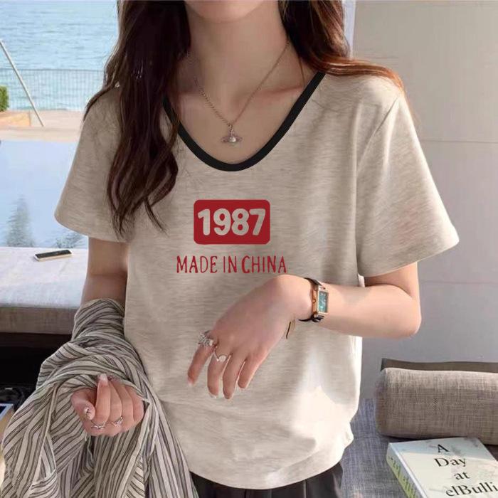 American pure cotton retro V-neck front shoulder short sleeve 2026 thin summer new contrasting color fashionable gray loose top