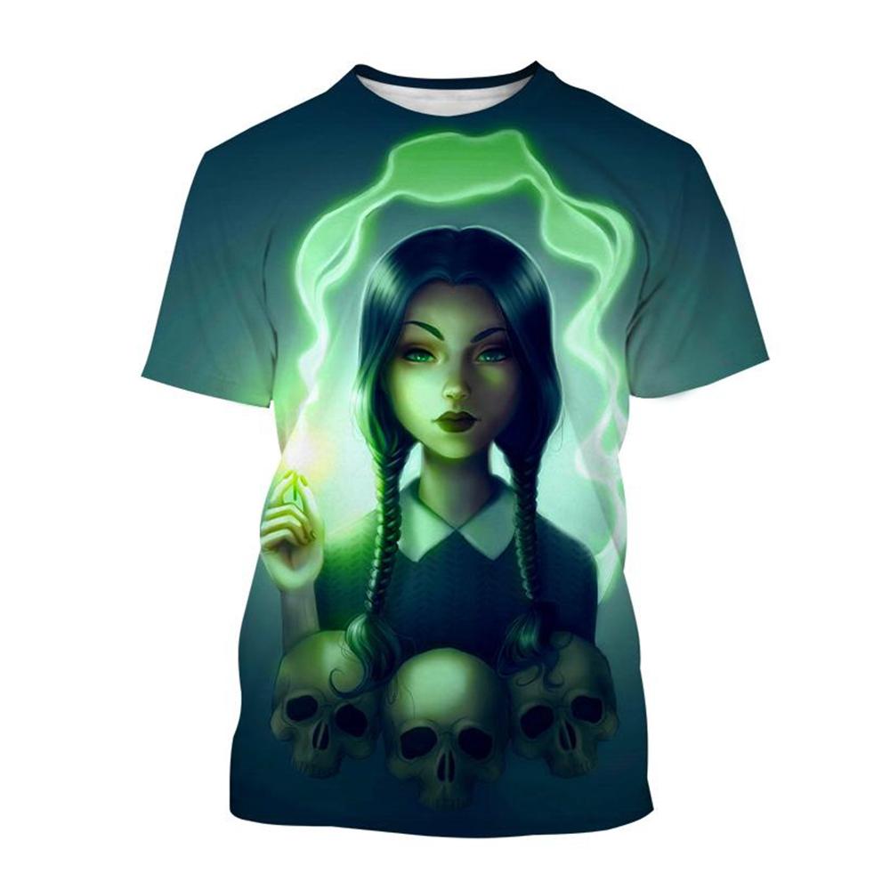 Женские футболки с коротким рукавом и повседневным кроем с 3D-принтом персонажа Уэнсдей Мерлины - Мягкая полиэстеровая ткань средней эластичности, летняя одежда свободного кроя