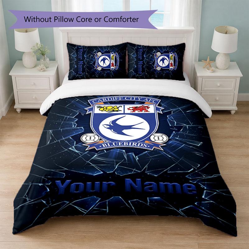 Cardiff City Custom Name Text Bedding Set 1 Duvet Cover+2 Pillowcases Soccer Logo Personalized Gift For Special Occasion Bedroom Decor