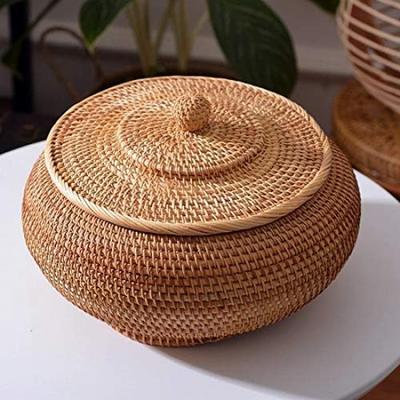 Круглые ротанговые коробки с крышкой, ручной работы, многоцелевой плетеный поднос 11 дюймов, корзина для хранения еды для пикника, хлеба, стола (28x13см)