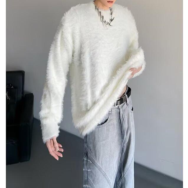 Мужской мягкий пушистый белый вязаный кардиган - Корейский стиль, Удобный и теплый, Круглый вырез, Свободный крой