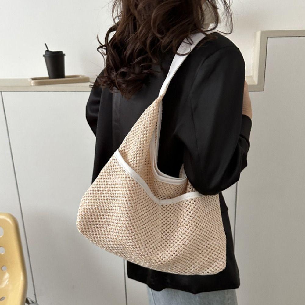 Khaki Straw Shoulder Bag Large Capacity Underarm Tote Bag Summer Woven Handbag Female