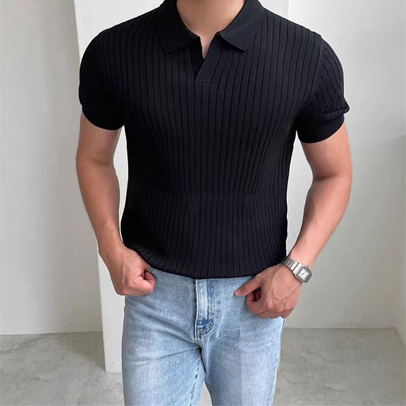 Men's Summer Slim Fit Korean Style Short Sleeve Polo Shirt, Turn-Down Collar, Solid Color, Casual Temperament.