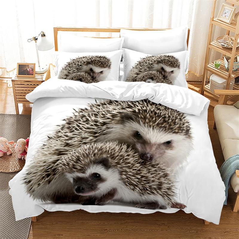 Hedgehog Bedding Set Cute Kawaii Wildlife Comforter Cover With Pillowcases For Kids Boys Girl Polyester Bedding Set King Size