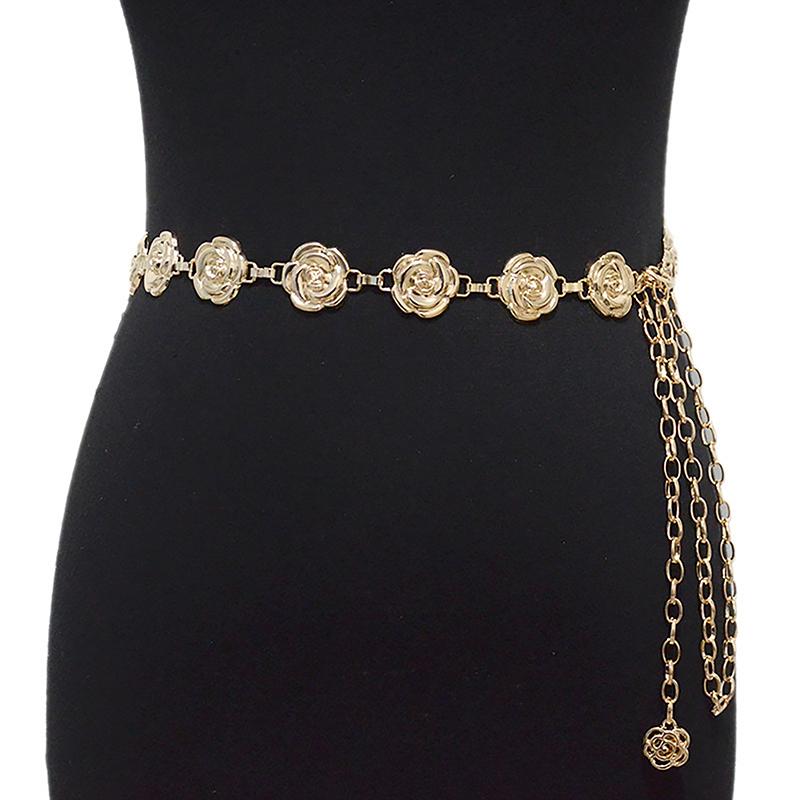 1Pc Gold Silver Color Rose Chain Belt Women Metal Thin Shiny Flower Belts Female Jeans Dress Decoration Belt