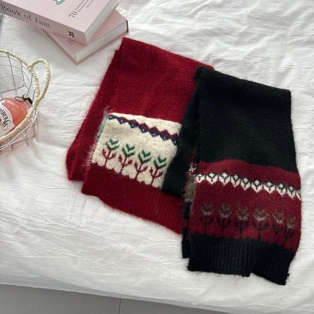 Warm Woolen Scarf Floral Embellishment Thermal Neck Warmer Retro Jacquard Knit Scarf Autumn Winter