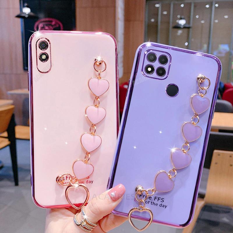 Redmi9c Luxury Wrist Love Heart Chain Plating Case On For Xiaomi Redmi 9c Nfc 9a 9 9at 9t 10a 10c 10 Bracelet Silicone Cover New