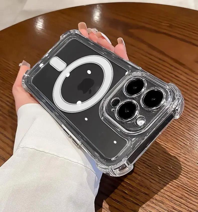 Прозрачный ударопрочный бронированный чехол для iPhone 15 14 Plus 13 12 11 Pro Max для беспроводной зарядки Magsafe Магнитный акриловый чехол