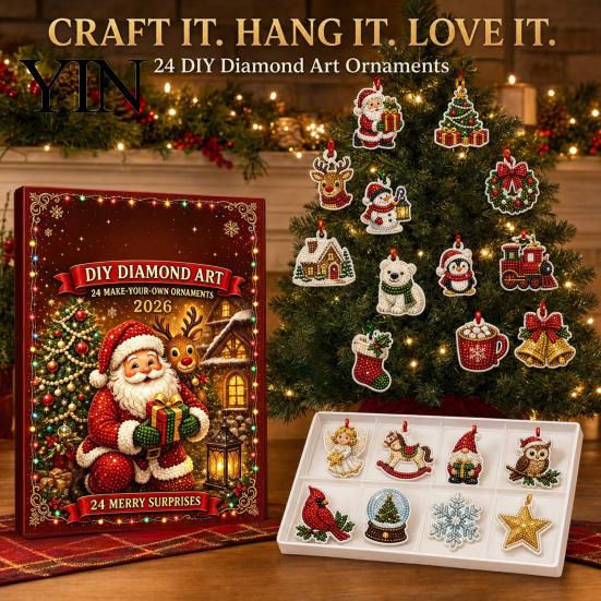 DIY Holiday Craft Kits for Adults Christmas Ornament Advent Calendar, Faux Diamond Art Kit, Relaxing Projects Home Sparkling Hanging Ornaments
