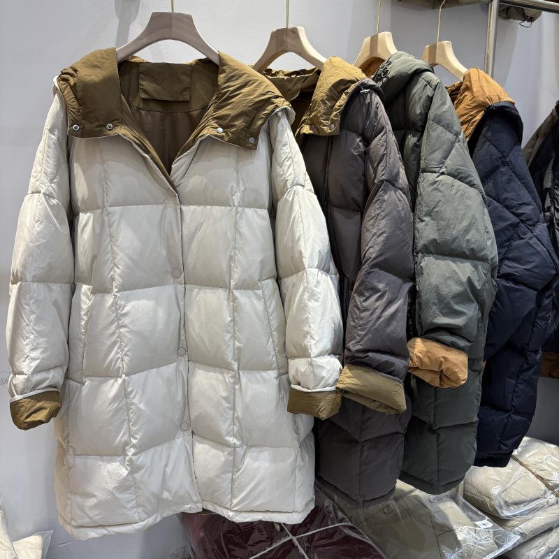 Winter down jacket women's medium and long hooded contrasting colors over the knee white duck down thickened fashionable loose temperament jacket