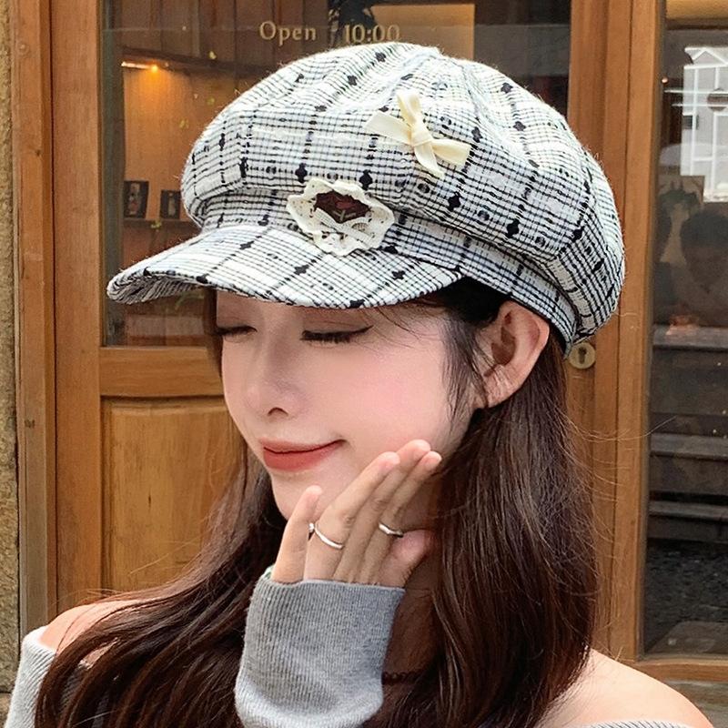 Осенний Ретро Цветочный Плед Берет Универсальная Корейская Милая и Симпатичная Бейсболка Ветрозащитная Восьмиугольная Шляпа Женский Стиль