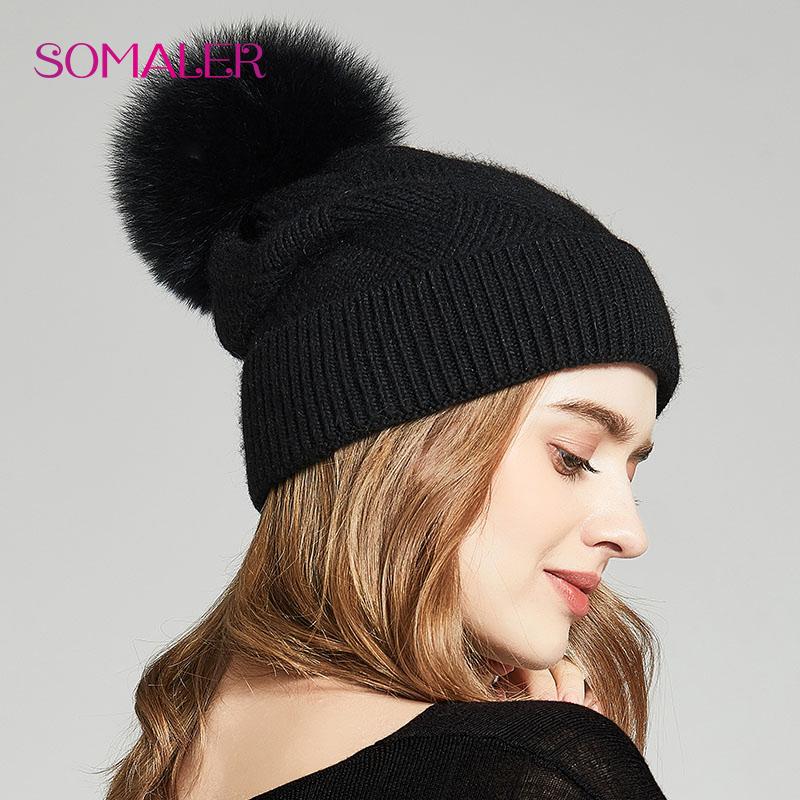 SOMALER Winter Hats For Women Natural Fur Pompom Hat Warm Wool Slouchy Beanies For Female Fashion Skullies Lady Hats