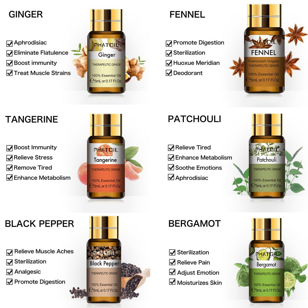 PHATOIL 5ML Rose Jasmine Lavender Plant Essential Oil with Dropper Purify the Air Bactericide Spa Body Care Vanilla Eucalyptus Tea Tree Oil