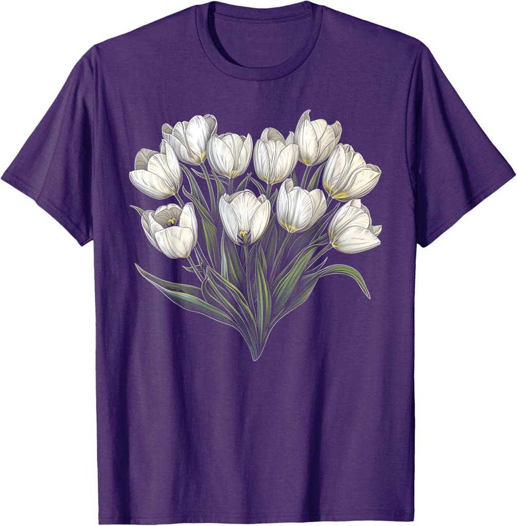 White Tulip Bouquet Floral Graphic Tee Men Casual Round Neck Short Sleeve T-Shirt Daily Wear