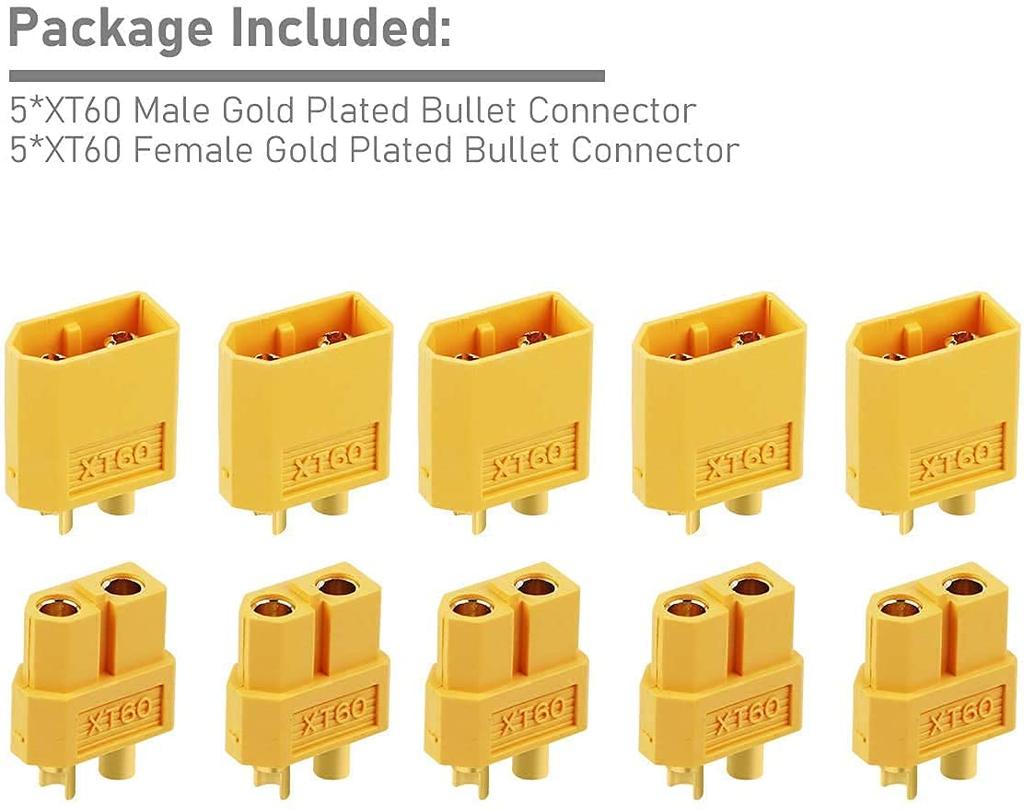 Connectors XT60 Male-Female for RC Lipo Batteries | 5 Pairs | Strong Grip | Compatible with Drones and RC Models | Yellow, Plastic