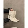 Pointed high heel brown small short boots women's shoes spring and autumn single boots retro belt buckle medium tube pants tube boots