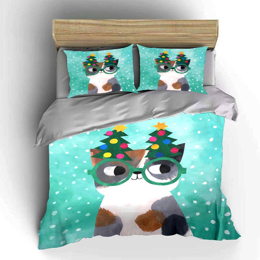 Christmas Cat with Glasses Bedding Duvet Cover Set Duvet Cover Pillowcases  (1*Duvet Cover 2*Pillowcases, without duvet insert)