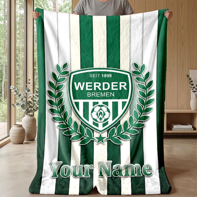 Werder Bremen FC Custom Name Text Flannel Blanket Soccer Logo Personalized Fleece Throw Blanket Special Gift For Sofa Bedroom Home