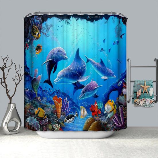 Yousheng Ocean Душевая занавеска с синим дельфином из полиэстера, плотная напечатанная душевая занавеска с крючками для ванной комнаты