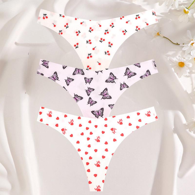 FINETOO 3 шт./компл. сексуальные стринги для женщин из ледяного шелка, цельные бесшовные трусики для девочек, свежее нижнее белье с низкой талией и принтом