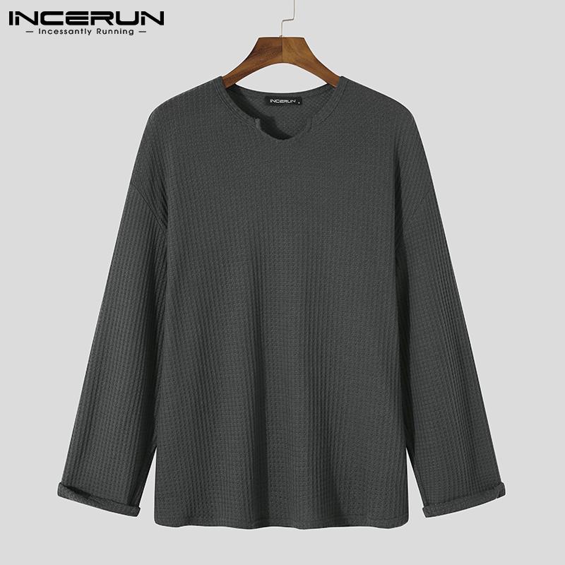 INCERUN Spring Mens Long Sleeve V Neck Solid Color Loose Spring Autumn Tops