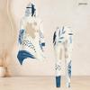 Women Plus Size Blue White Printed Two Piece Set Hooded Long Sleeve High Low Top Fitted Pants
