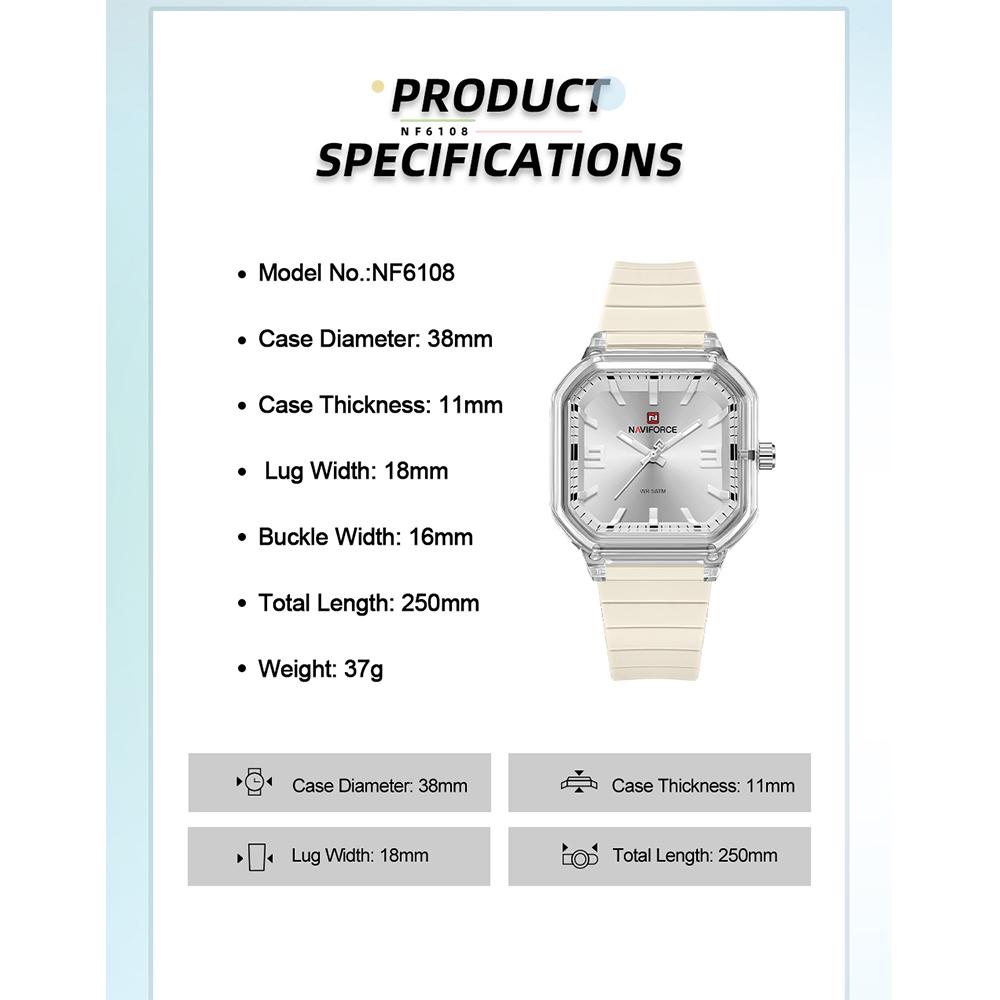 Naviforce Оригинальные женские квадратные часы Кварцевые Светящиеся стрелки Простой легкий силиконовый ремешок Водонепроницаемые Женские Повседневные Модные часы NF6108