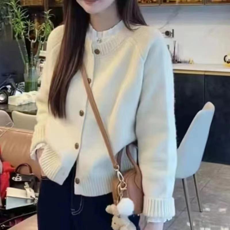 Retro Soft Waxy Knitted Cardigan Top Women's Autumn and Winter New Round Neck Temperament Loose and Thin Sweater Jacket Trendy