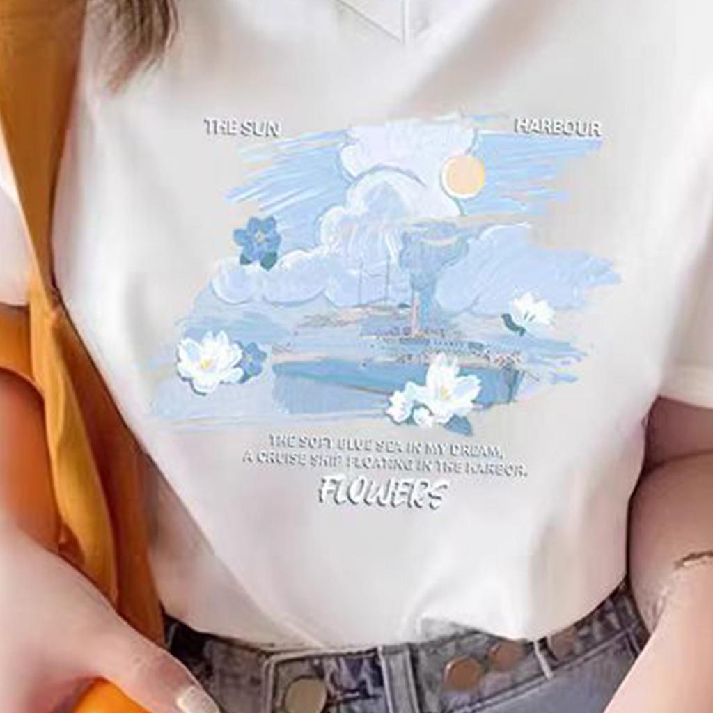 2025 Summer New Oil Painting Style Lazy Fashion Versatile Daily Look Slimming V-neck Short-sleeved T-shirt