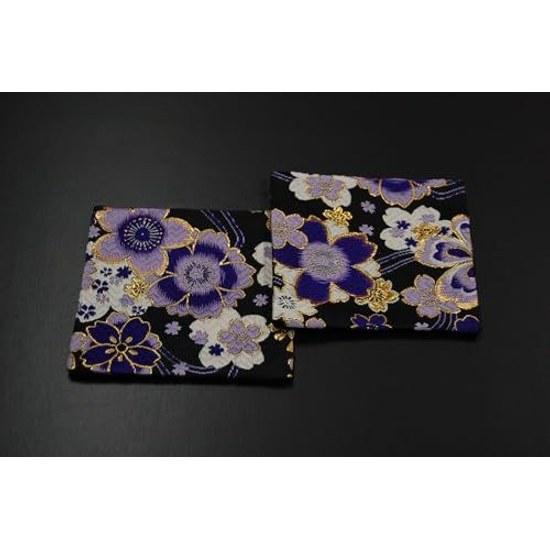 SHINSENDO Kinran Fabric Japanese Pattern Coaster 2-Piece Set Gift Box English Instruction Manual Made Japan Kimono Style Design (Murasakino)