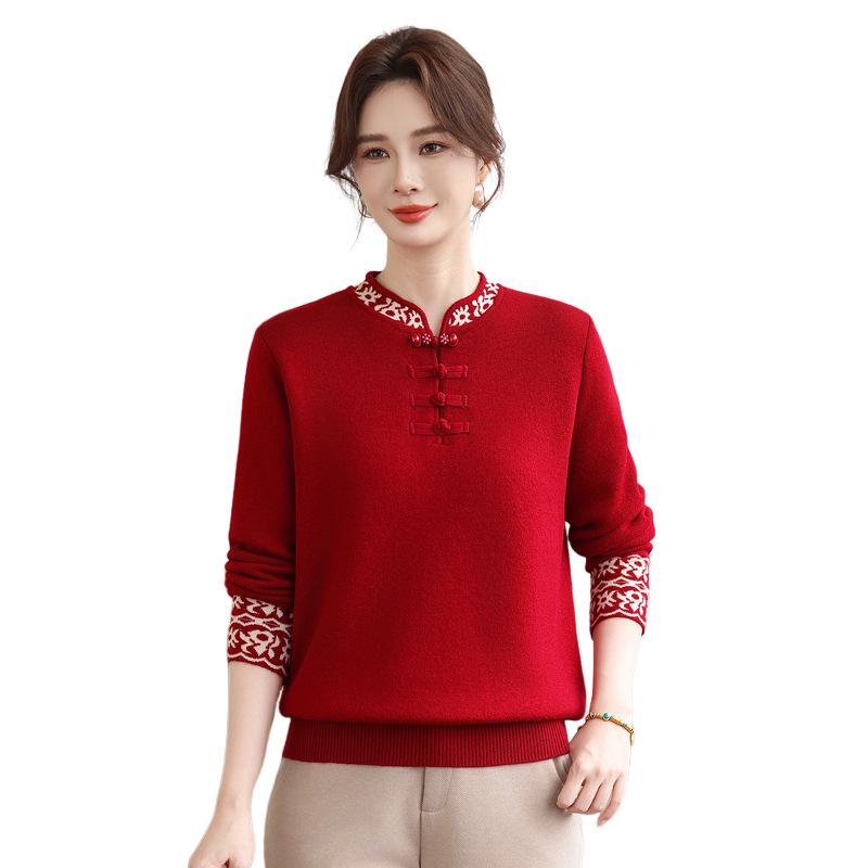 Year of the Rat Red Velvet Sweater for Mid-Aged and Elderly Women - Chinese Style Warm Winter Clothing