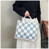 Льняная клетчатая сумка, большая вместительная клетчатая сумка для покупок, простая модная женская сумка через плечо
