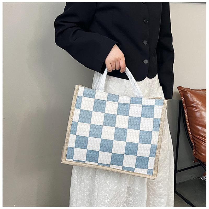 Льняная клетчатая сумка, большая вместительная клетчатая сумка для покупок, простая модная женская сумка через плечо