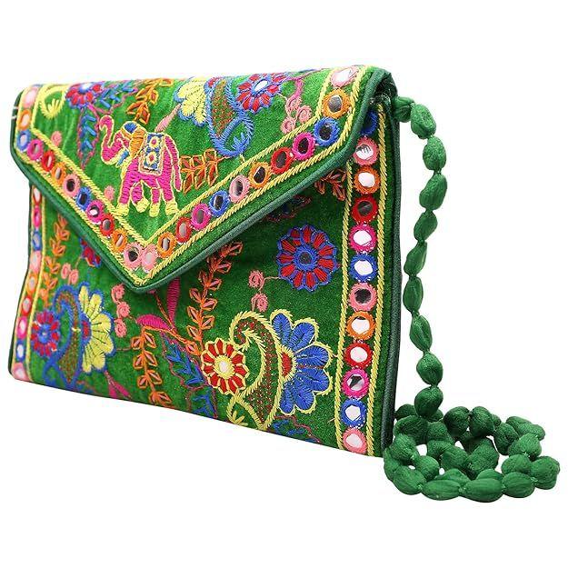 Clutch Bags for Women Jaipuri Rajasthani Handmade Embroidery Mirror Work Stylish Sling Bags for Women Cross Body Bags for Ladies and Girls - 22X16 Cm
