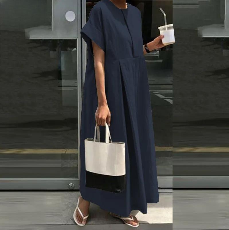 Loose Dress Crew-neck Long Skirt Temperament College Style Casual Dress for Women