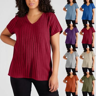 Женская Мода Большой Однотонный V-образный вырез Короткий рукав Разрез на голове Футболка Топ