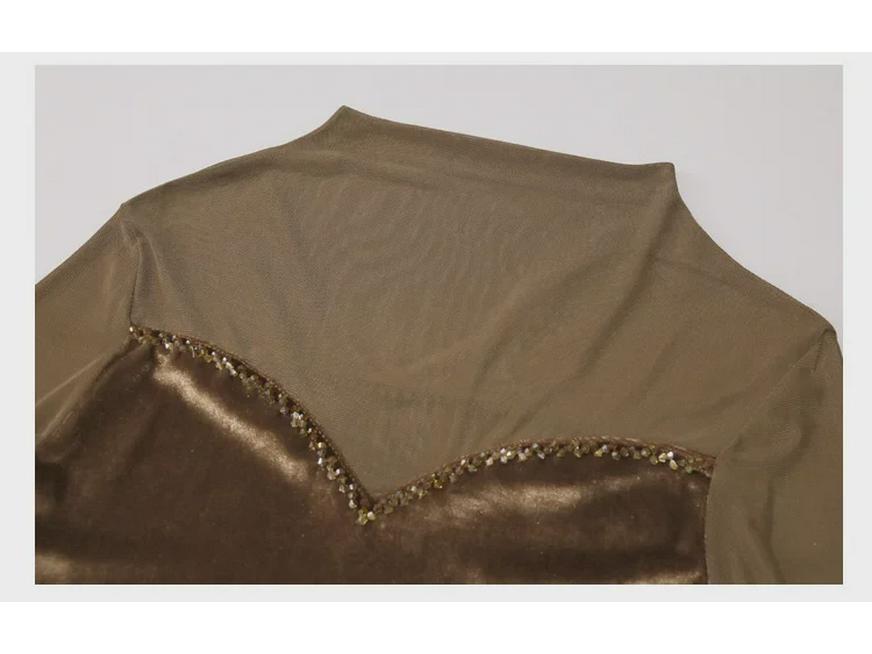 Осенняя приталенная футболка с бисерной лоскутной отделкой, полувысоким воротником и длинными рукавами для женщин