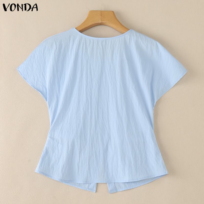 VONDA Женские летние блузки-топы с круглым вырезом, однотонные, с коротким рукавом, на пуговицах, повседневные