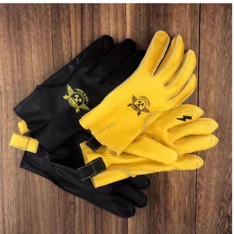 Unisex Motorcycle Rider Cowhide Gloves Classic Black & Yellow Vintage Leather Cycling & Outdoor Riding heavy Duty Work Luvas