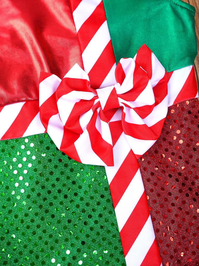 Рождественское платье для девочек в полоску, с цветными блоками, без рукавов, с вырезом на спине, с блестящей многослойной юбкой, комбинезон, сценический костюм