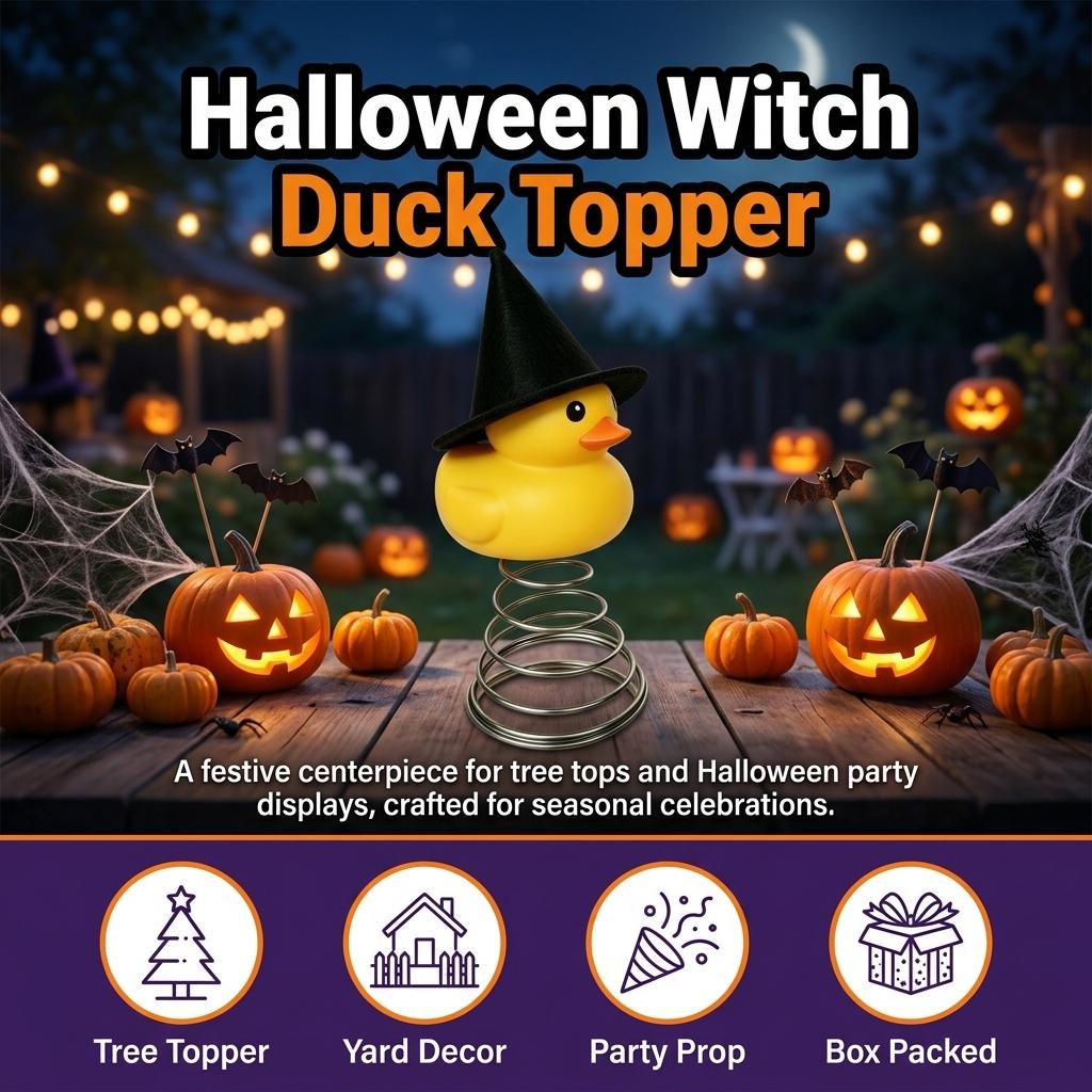 Halloween Witch Yellow Duck Tree Topper 27cm Metal Plastic Weather Resistant Decor For Christmas Tree Yard Home Party