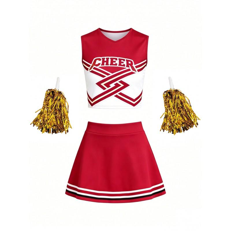 Cheerleading Uniform Set Red White Contrast School Stage Performance Women 18-24 Years