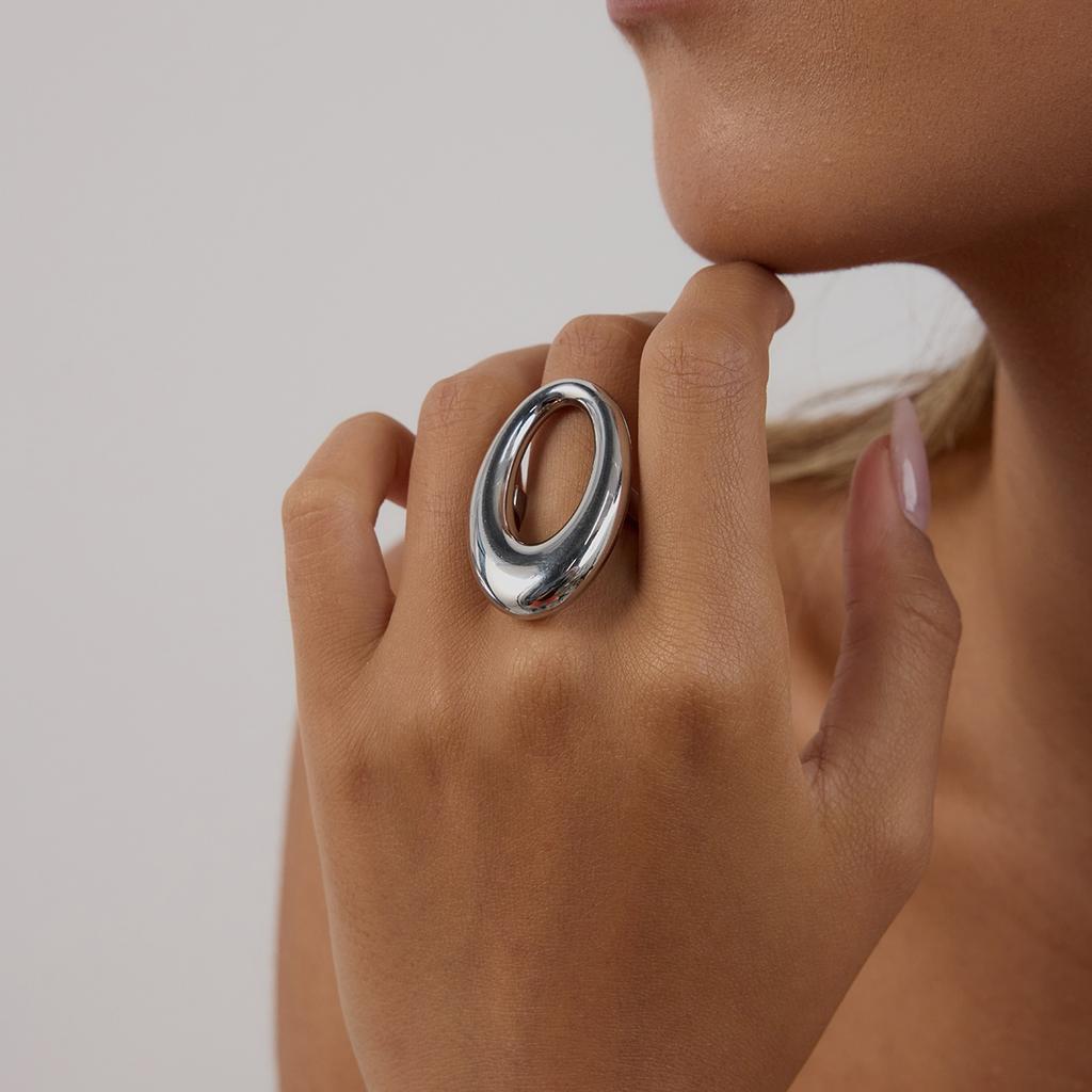 Youthway Glossy Hollow Oval Metal Ring Stainless Steel Finger Jewelry Modern Style Minimalist Trendy Geometric Ring