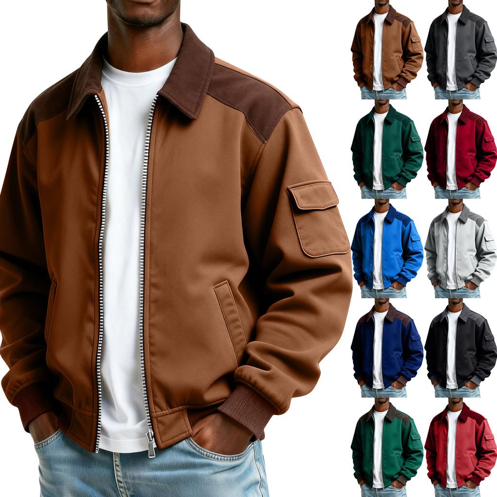 Men's Solid Color Pocket Zipper Jacket Men's Sports Large Size Casual Jacket