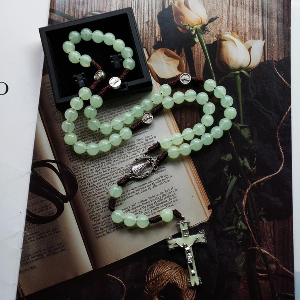 10mm Rosary Beads Luminous Necklace Jesus Crucifix for Cross Pendant Necklaces Glow In Dark Religious Jewelry for Men Wo