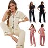 Solid Women's Pajamas Set Front Button Short Sleeves Top Tee Full-Length Drawstring Pants Female 2 Pieces Sleepwear Nightwear
